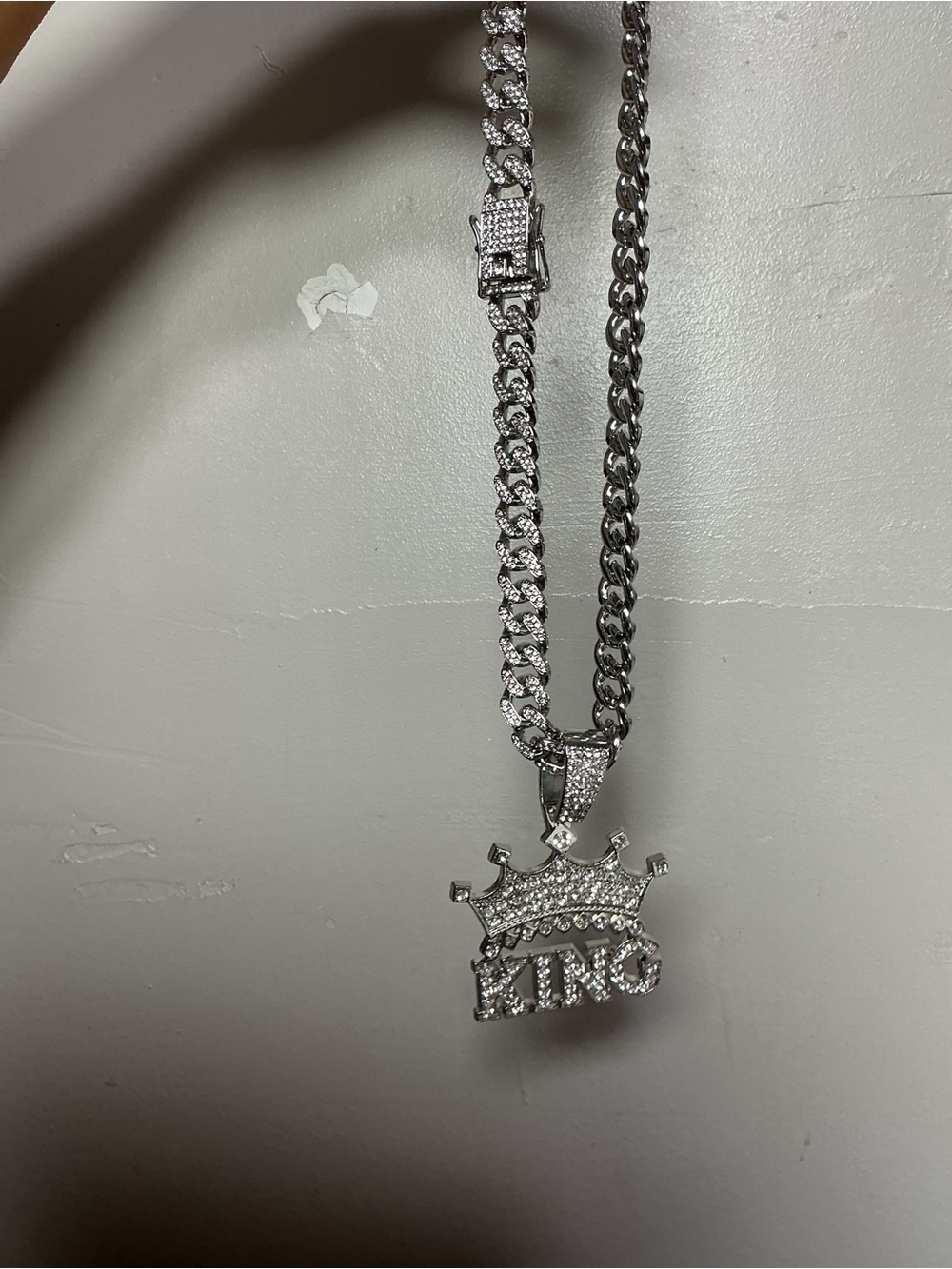 Silver KING Crown Pendant Cuban Link Necklace - Men's Jewelry